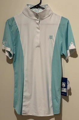 Women’s Large White/Teal Romfh Short Sleeve Horseback Riding Show Shirt - Image 1 of 4