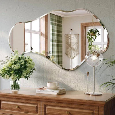 Irregular Wall Mirror, 26”x46” Frameless Asymmetrical Mirror, Beveled Framele... - Image 1 of 4