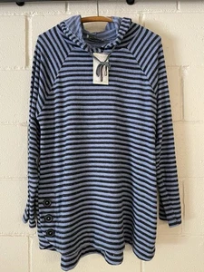 Keren Hart Soft Striped Pullover Hoodie Top, Navy & Light Blue, Womens L - Picture 1 of 5