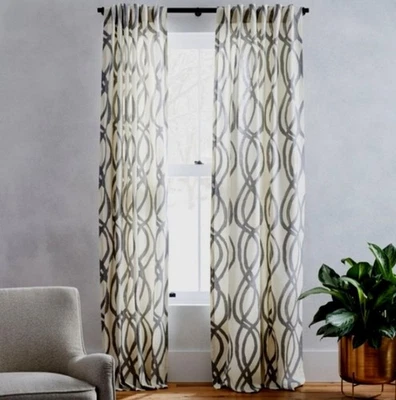 West Elm 2 Paneles de Cortina Blanco Gris Caqui Algodón Garabato Enrejado Pestaña Oculta Foto 1 de 4