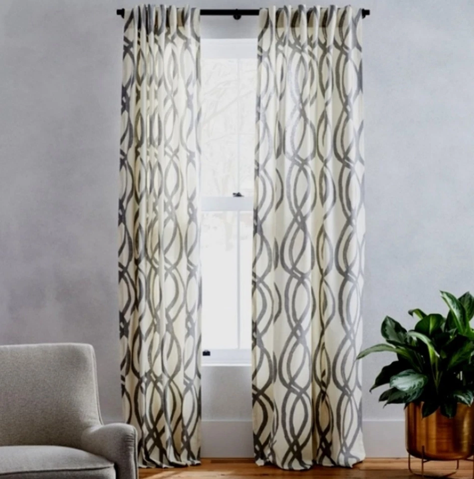 Западный вяз 2 занавески панели белый серый хаки хлопок надпись решетка скрытая вкладка - Изображение 1 из 4