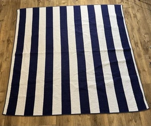 POTTERY BARN KIDS Full Blue White Rugby Stripe Reversible Quilt Nautical Coastal - Picture 1 of 6