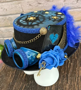 Unique Black Blue Steampunk Top Hat Corset feathers Wing goggles Roses 57cm (35) - Picture 1 of 9