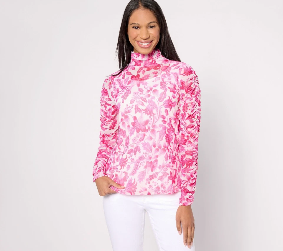 Top Susan Graver Estampado Malla Acanalado Cuello Simulado Manga Larga Rosa S Nuevo Foto 1 de 1