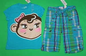 5 NWT The Children's Place 2p SET Blue Plaid Capri PANTS Monkey SHIRT Girls  - Picture 1 of 4