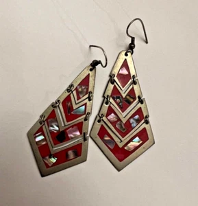 Vintage Mexico Alpaca Mother Of Pearl Abalone Dangle Drop Pierced Earrings💗 - Picture 1 of 5