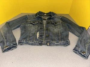 American Eagle Jean Jacket Women Size M Denim Button Front Crop Long Sleeve Blue - Picture 1 of 8