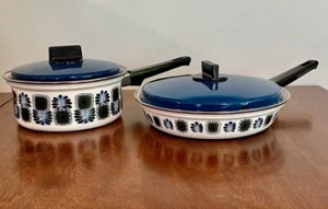 Vintage Austria Email Universal Enamel Sauce Pot & Saute Pan Blue Peacock EX! - Picture 1 of 8