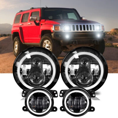 For Hummer H2 H3 2006-2010 DOT 7 inch Round LED Headlights & 4" Fog Lights Black - Image 1 of 4