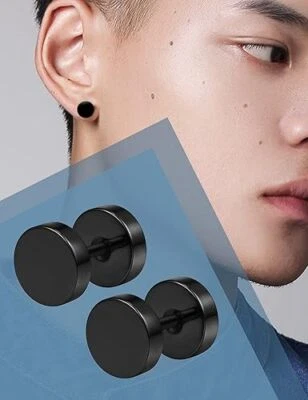 8毫米黑色男式耳钉耳环螺丝背不锈钢耳环耳钉男式 — 第 1/4 张图片