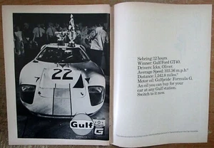 Ford GT-40 1969 Gulf Oil Sebring 12 horas carreras anuncio original de 2 páginas - Imagen 1 de 1