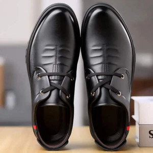 Men's Leather Shoes Round Toe Lace Up Shoes Low Heel Wedge Heel Rubber Sole Casu - Picture 1 of 22