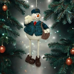 US Mail Snowman Christmas Ornament Wood Rope Legs Hat Bag Postal Worker 6.5" - Picture 1 of 10