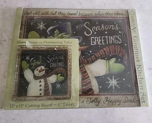 New Gourmet Kitchen Christmas Glass Cutting Boards Snowman Set 2 Large Small  - Picture 1 of 8
