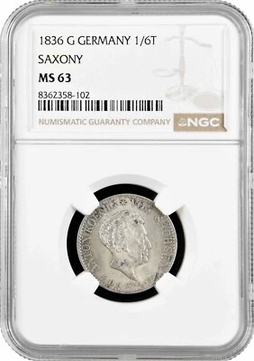Saxony 1/6 thaler 1836 G, NGC MS63, "Death of King Anton" silver coin - Image 1 of 2