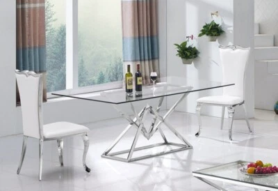 Design Tavolo da Pranzo Argento Acciaio Inox Temperato Vetro Sala 160x90 CM - Immagine 1 di 4