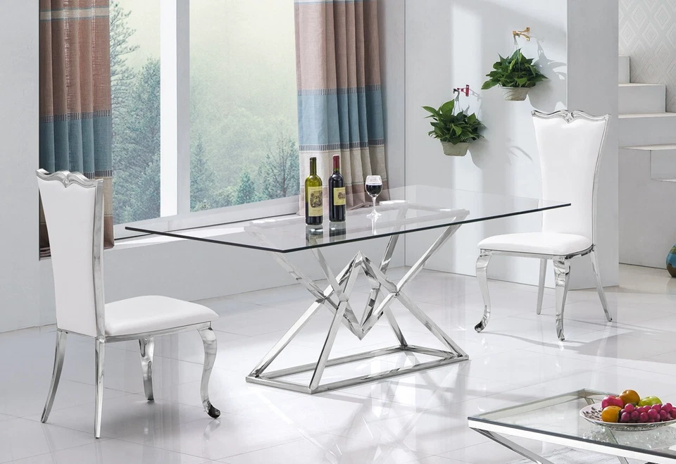 Design Tavolo da Pranzo Argento Acciaio Inox Temperato Vetro Sala 160x90 CM - Immagine 1 di 4