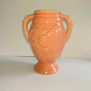 Vintage 9.5"T Coral Colored Two-Handled Vase with Raised Tomato Vine Design, EUC - Picture 1 of 6