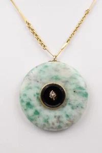 19" Gold Chain with Pearl & 38mm Chang Hi Jade Disc Pendant w/ Black Onyx Center - Picture 1 of 14