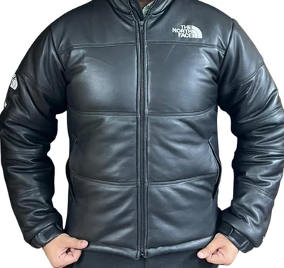 Men's Nuptse Mountain Style Fit Unisex Full-Black Genuine Leather Puffer Jacket - Image 1 of 4