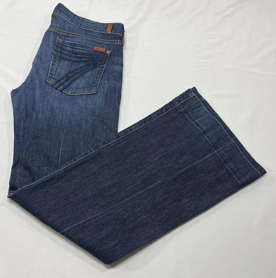 7 for All Mankind 女式 Dojo 喇叭牛仔裤 30 码 (34x32) 蓝色牛仔美国 — 第 1/4 张图片