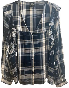 BOBEAU Damen-BLUSE Größe (M) marineblau kariert Rüschen & gesmokt neu ohne Etikett - Bild 1 von 13