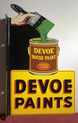 VINTAGE DEVOE HOUSE PAINTS 20” PORCELAIN DOUBLE SIDED FLANGE SIGN - Image 1 of 4