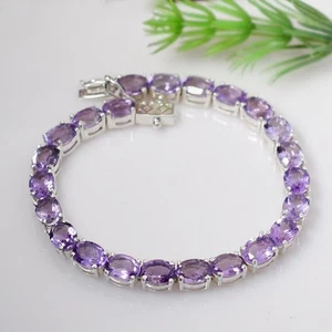 Natural Amethyst Tennis Bracelet, 925 Sterling Silver, Oval Gemstone Bracelet - Picture 1 of 4