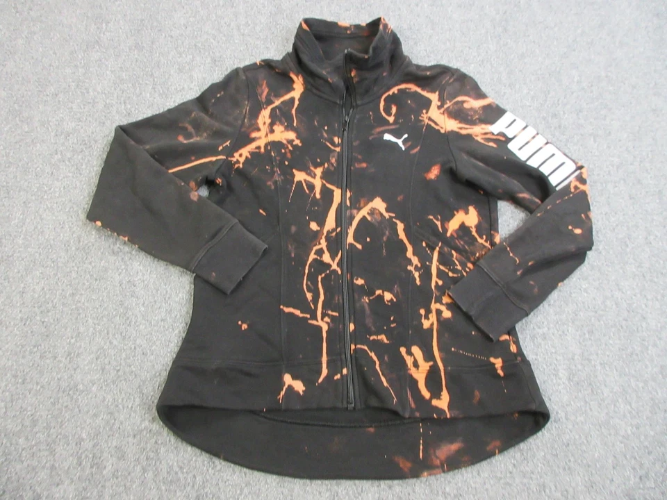 Chaqueta Puma para mujer mediana negra naranja blanqueador salpicaduras cremallera completa deletrear logotipo Foto 1 de 4