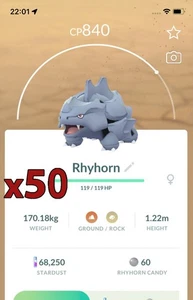 ¡Paquete de 50 Pokémon Rhyhorn!! ¡Buena oportunidad de suerte y buenos IV!! Go - Imagen 1 de 1