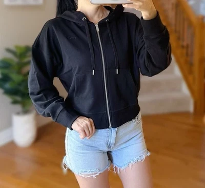 DKNY женщин махровый полный молнии куртка с капюшоном черный L укороченный кенгуру карман вышивка - Изображение 1 из 4