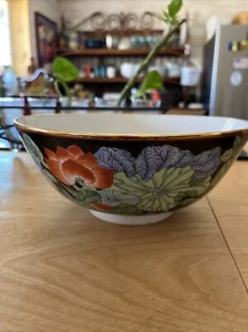 8 1/8” bowl, made for Gump’s in Japan, red lotus blooms w/green leaves - Picture 1 of 5