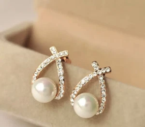 Perlen Tropfen süße Schleife Knoten baumeln Strass Hochzeit Schmuck - Bild 1 von 6