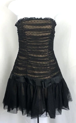 Antigo Vestido Betsey Johnson 6 Preto Polkadot Malha Seda Sem Alças Camadas Babado Renda - Imagem 1 de 4