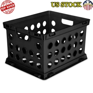 Versatile Plastic Storage Crate File Box Stacking Organizer Black W/ Handles New - Picture 1 of 6