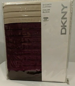 DKNY Fabric Shower Curtain Color Block Blackberry Off White Cream Maroon Brown - Picture 1 of 9