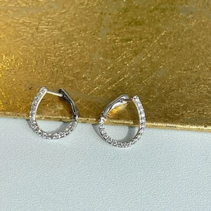 14K White Gold .35 CT Pave Lab Created Diamond Huggie Hoop Earrings 13mm NEW - Picture 1 of 10