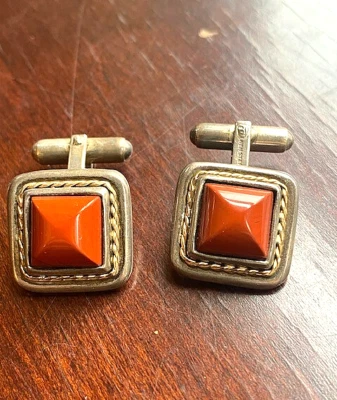 WALTER E. HAYWARD 925 纯银 14K 金色 红色玛瑙 CUFFLINKS — 第 1/4 张图片
