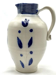 Vintage Large Salt Glaze Blue/White Stoneware Pitcher Folk Art Farmhouse - Picture 1 of 12