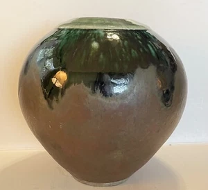 Dekorative Keramik Vase grün und kupfer 6,5" hoch Tropfglasur - Bild 1 von 8