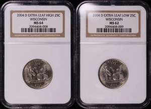 2004-D Extra Leaf Low & High Wisconsin State Quarter 2pc Set NGC MS-62 & MS-64 - Picture 1 of 2