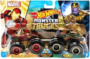 2021 HOT WHEELS IRON MAN VS THANOS MARVEL DEMOLITION DOUBLES MONSTER TRUCKS - Picture 1 of 3