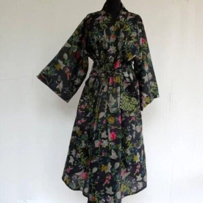Indian Handmade Women Dressing Gown Paradise Print Long Bath Robe Cotton Kimono