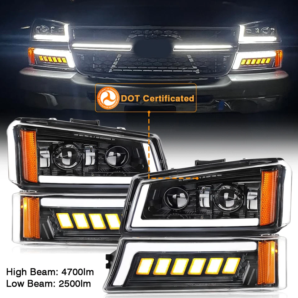 Black LED Headlights DRL Bumper Lamps For 2003-07 Chevy Silverado 1500 2500 3500 - Image 1 of 4