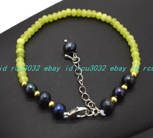 2x4mm Faceted Green Peridot Black Pearl Rondelle Beads Gemstone Bracelet 7.5in - Picture 1 of 12