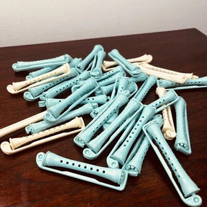 Vtg Perm Rollers Swing Arm Vent Hole Lot of 33 Blue White Retro Hair Nostalgia - Picture 1 of 5