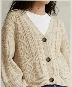 POLO Ralph Lauren Cable Knit Oatmeal Cardigan Wool-Blend Pockets Chunky XXL - Picture 1 of 18