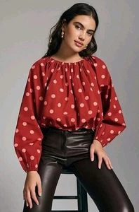 Top Anthropologie Maeve Popeline Bolla Pois Manica Lunga Taglia XL Cotone - Foto 1 di 11