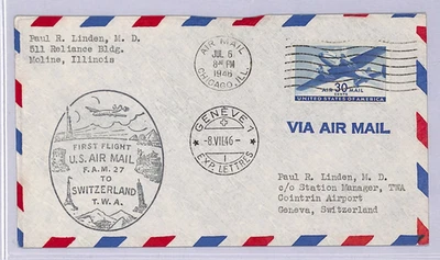 USA Air Mail Cover TWA FAM-27 FIRST FLIGHT SWITZERLAND Geneva Chicago 1946 WT132 - Image 1 of 4