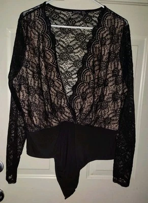 BooHoo боди длинным рукавом черный полу чистый драпированный низкий V шеи размер 16 кружева сексуальный - Изображение 1 из 4